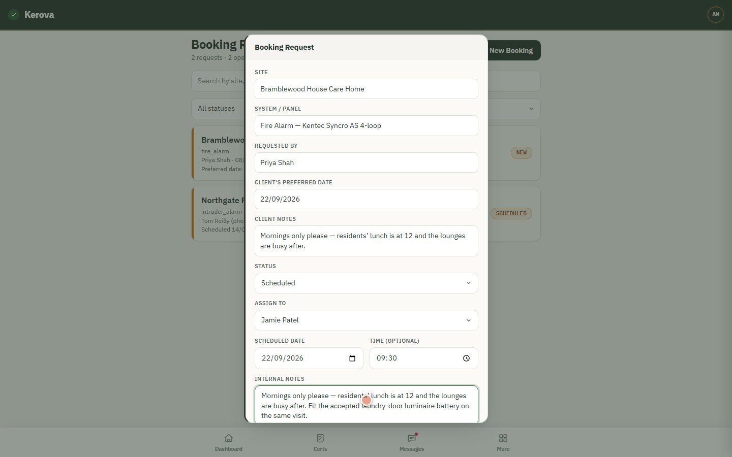 A customer's booking request, scheduled